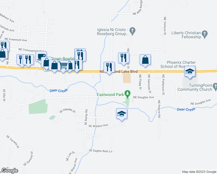 map of restaurants, bars, coffee shops, grocery stores, and more near 222 Northeast Rifle Range Street in Roseburg