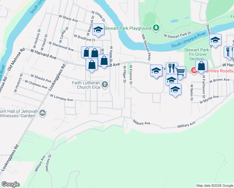 map of restaurants, bars, coffee shops, grocery stores, and more near 787 West Kenwood Street in Roseburg