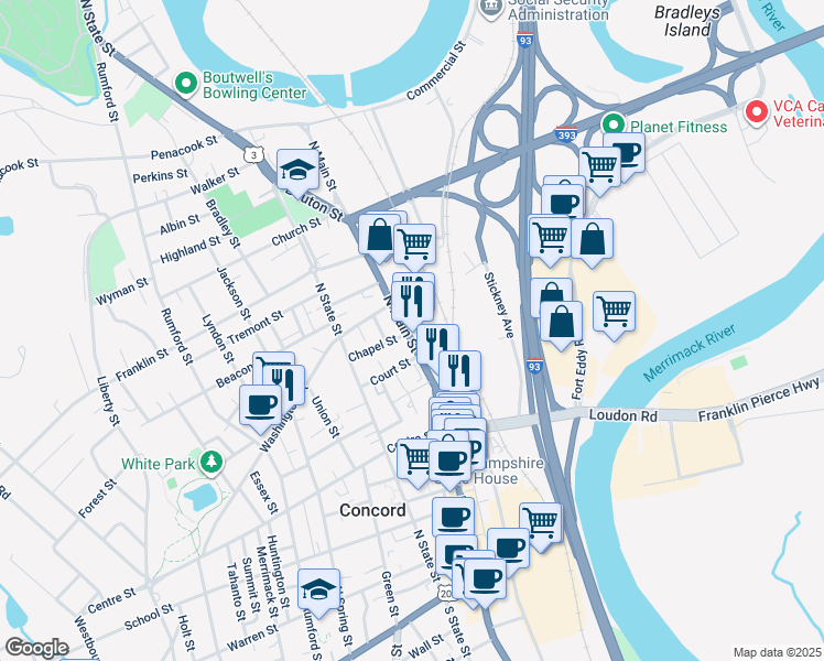 map of restaurants, bars, coffee shops, grocery stores, and more near 10 Ferry Street in Concord