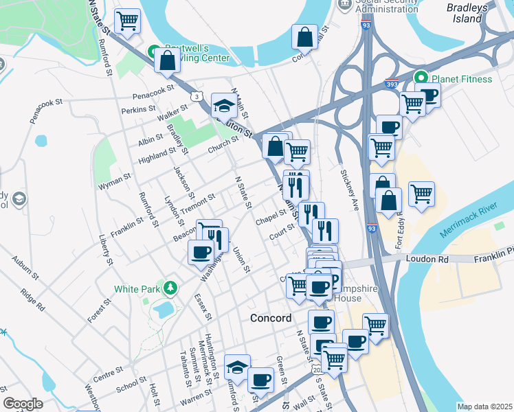 map of restaurants, bars, coffee shops, grocery stores, and more near 19 Pearl Street in Concord