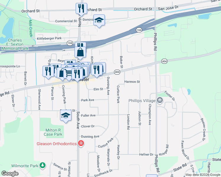 map of restaurants, bars, coffee shops, grocery stores, and more near 30 Dunning Avenue in Webster