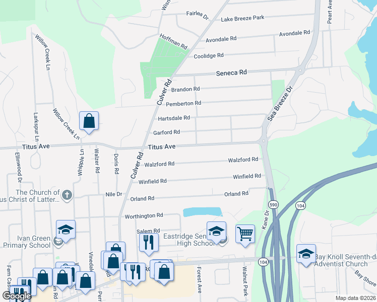 map of restaurants, bars, coffee shops, grocery stores, and more near 2204 Titus Avenue in Rochester
