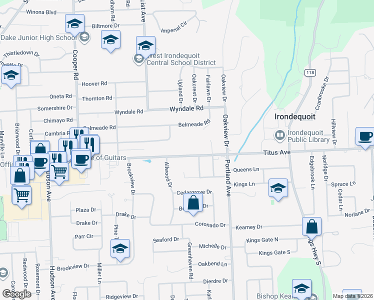 map of restaurants, bars, coffee shops, grocery stores, and more near 1020 Titus Avenue in Rochester