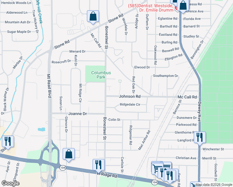map of restaurants, bars, coffee shops, grocery stores, and more near 43 Bonesteel Circle in Rochester