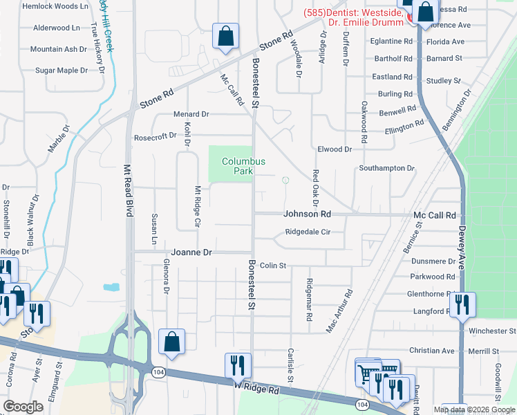 map of restaurants, bars, coffee shops, grocery stores, and more near 431 Bonesteel Street in Rochester