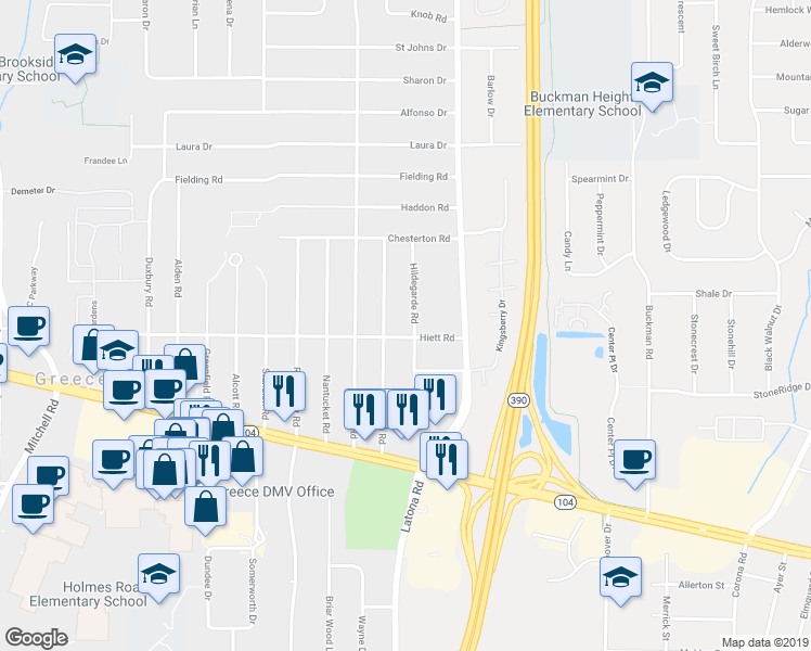map of restaurants, bars, coffee shops, grocery stores, and more near 218 Newton Road in Rochester