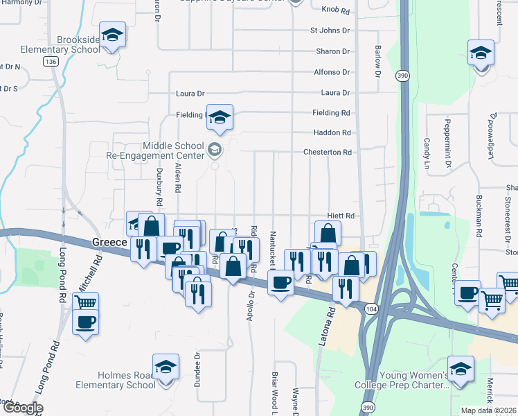 map of restaurants, bars, coffee shops, grocery stores, and more near 190 Ridgecrest Road in Rochester