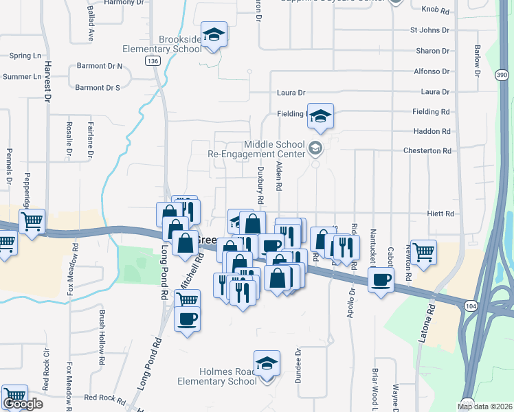 map of restaurants, bars, coffee shops, grocery stores, and more near 146 Duxbury Road in Rochester