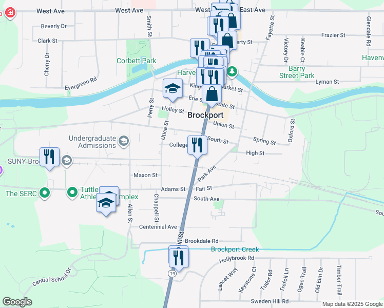 map of restaurants, bars, coffee shops, grocery stores, and more near 172 Main Street South in Brockport