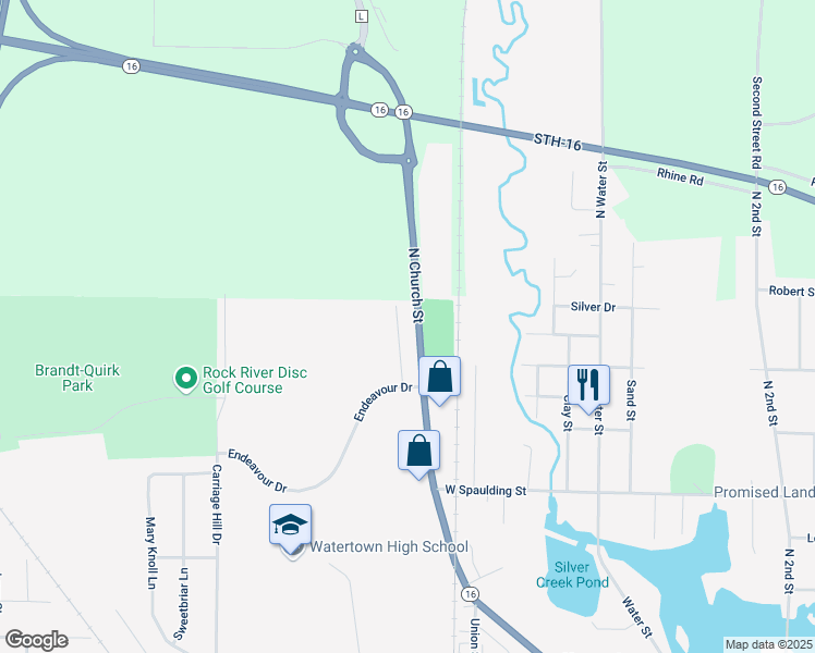 map of restaurants, bars, coffee shops, grocery stores, and more near 912 Fox Creek Drive in Watertown