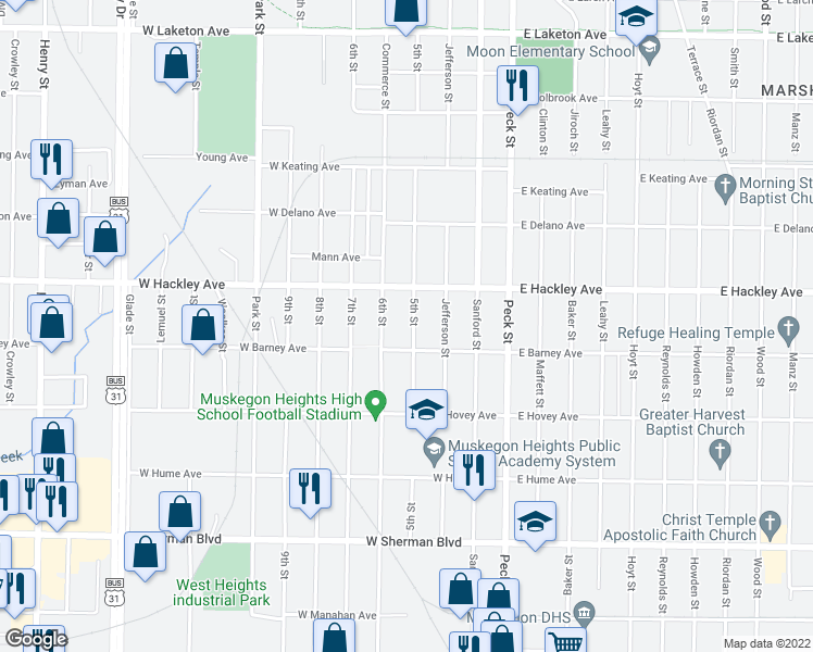 map of restaurants, bars, coffee shops, grocery stores, and more near 2229 5th Street in Muskegon Heights