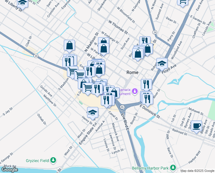 map of restaurants, bars, coffee shops, grocery stores, and more near 183 West Dominick Street in Rome