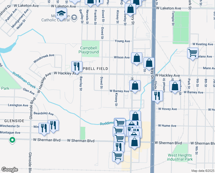 map of restaurants, bars, coffee shops, grocery stores, and more near 2283 Hudson Street in Muskegon