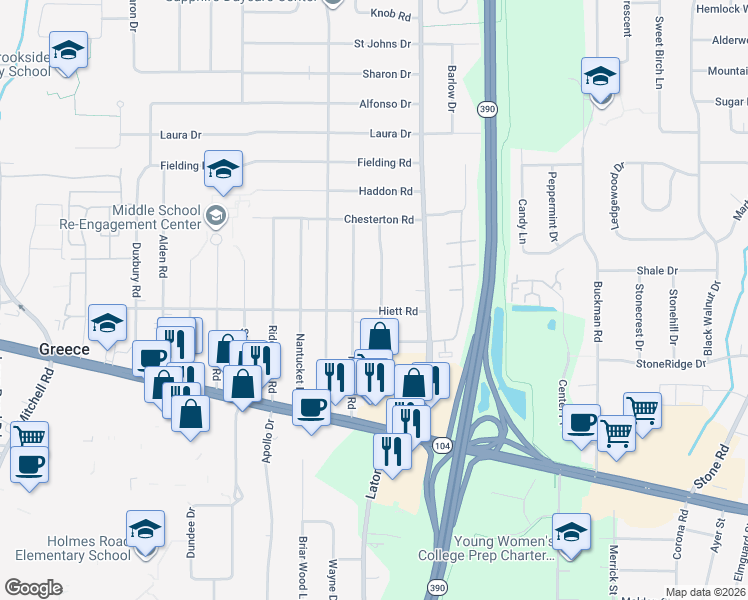 map of restaurants, bars, coffee shops, grocery stores, and more near 185 Hildegarde Road in Rochester