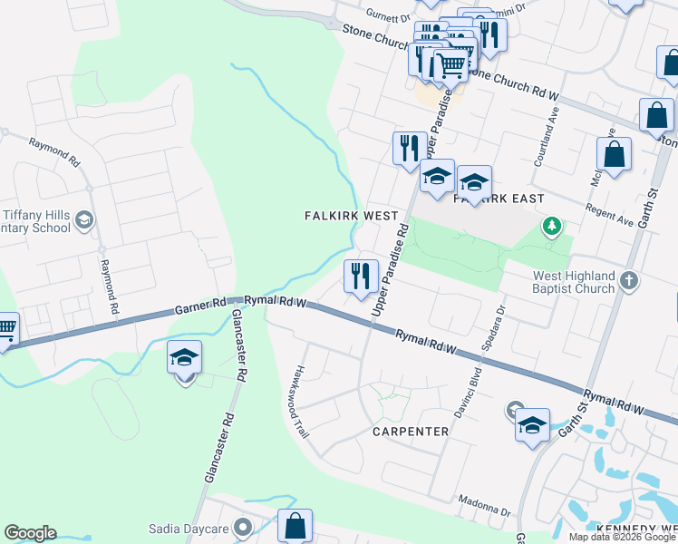 map of restaurants, bars, coffee shops, grocery stores, and more near 80 Meadowbank Drive in Hamilton