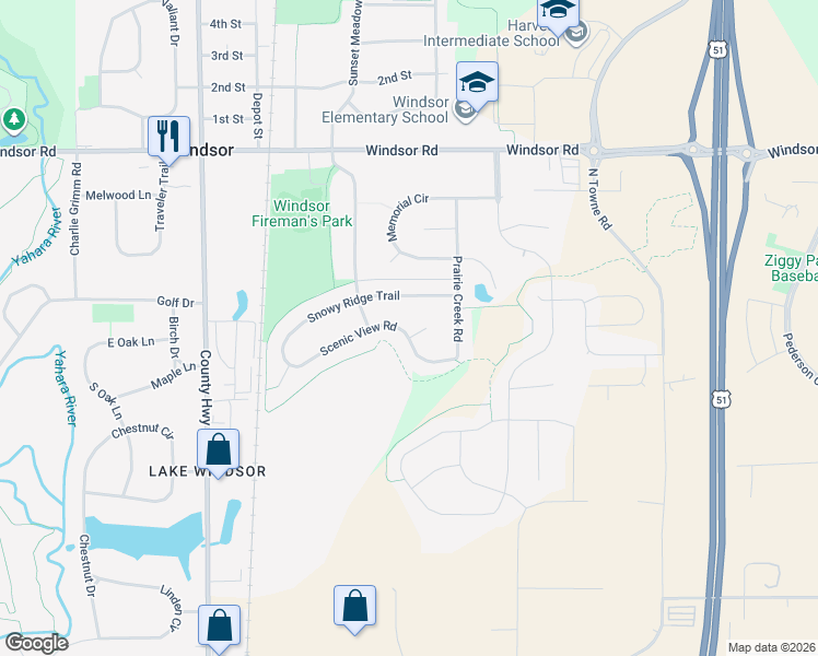 map of restaurants, bars, coffee shops, grocery stores, and more near 4381 Snowy Ridge Trail in Windsor