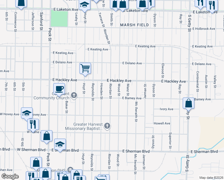 map of restaurants, bars, coffee shops, grocery stores, and more near 2224 Riordan Street in Muskegon Heights
