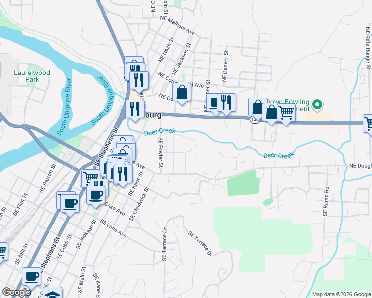 map of restaurants, bars, coffee shops, grocery stores, and more near in Roseburg