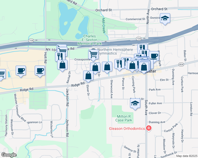 map of restaurants, bars, coffee shops, grocery stores, and more near 99 Barrett Drive in Webster