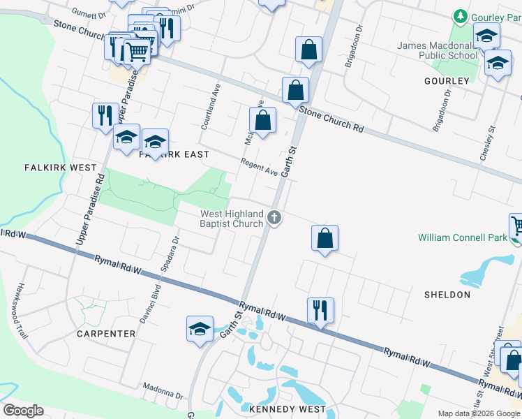 map of restaurants, bars, coffee shops, grocery stores, and more near 20 Claudette Gate in Hamilton