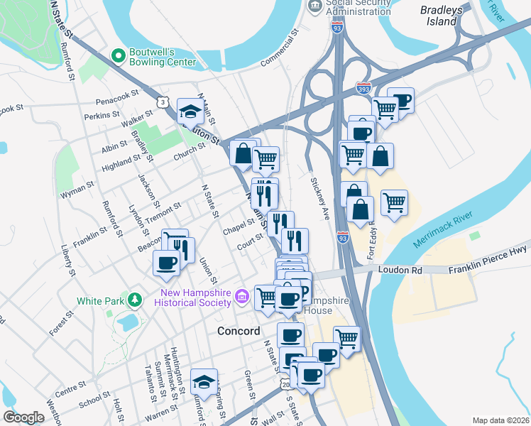 map of restaurants, bars, coffee shops, grocery stores, and more near 204 North Main Street in Concord