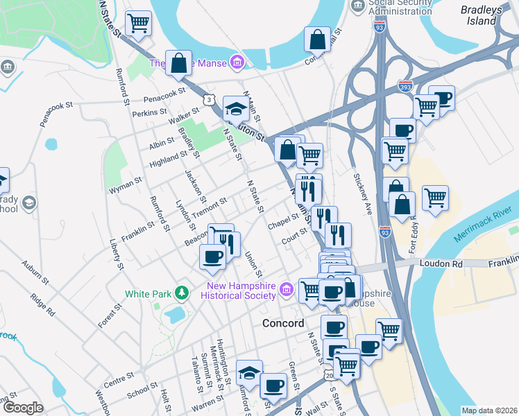 map of restaurants, bars, coffee shops, grocery stores, and more near 19 Pearl Street in Concord