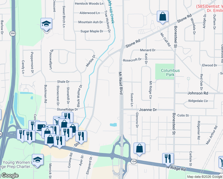 map of restaurants, bars, coffee shops, grocery stores, and more near 82 Ridgelea Court in Rochester