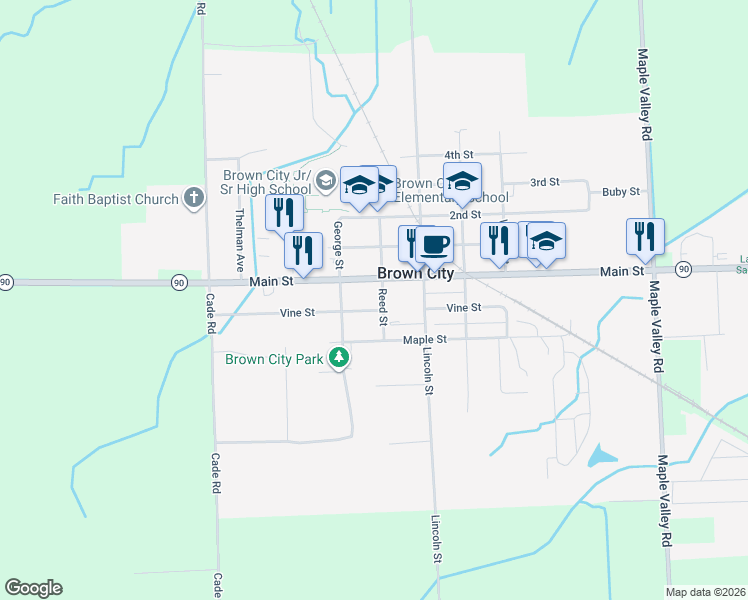 map of restaurants, bars, coffee shops, grocery stores, and more near 4325 Main Street in Brown City