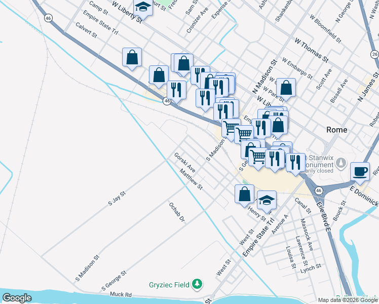 map of restaurants, bars, coffee shops, grocery stores, and more near 421 Ridge Street in Rome