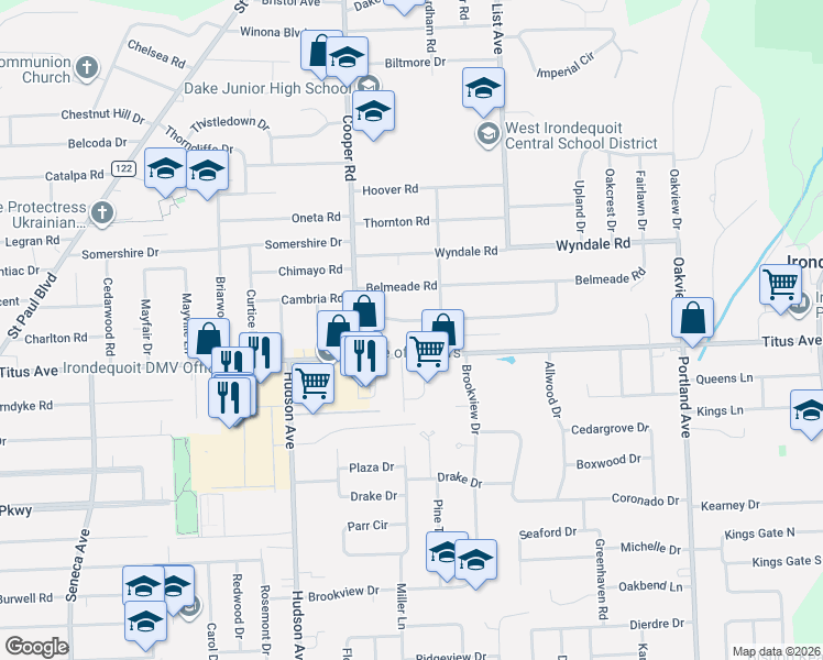 map of restaurants, bars, coffee shops, grocery stores, and more near 62 Hedgegarth Drive in Irondequoit