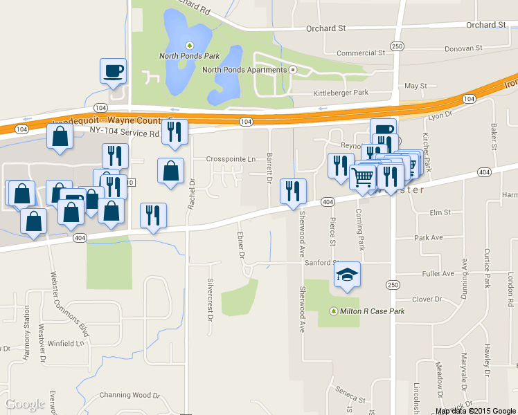 map of restaurants, bars, coffee shops, grocery stores, and more near 1206 Ridge Road in Webster