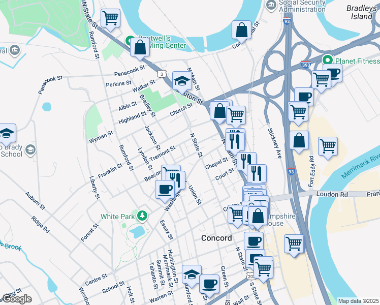 map of restaurants, bars, coffee shops, grocery stores, and more near 2 Beacon Street in Concord