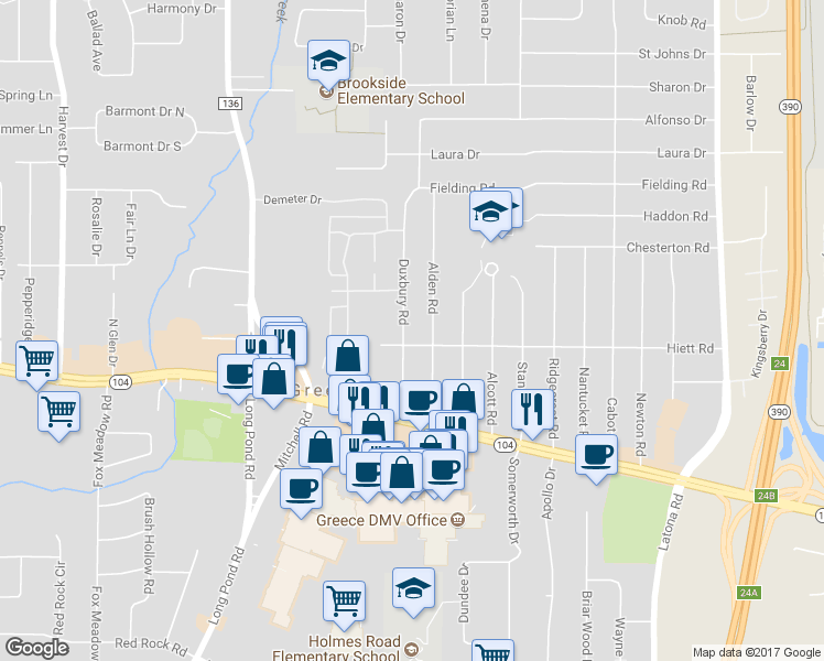 map of restaurants, bars, coffee shops, grocery stores, and more near 146 Duxbury Road in Rochester