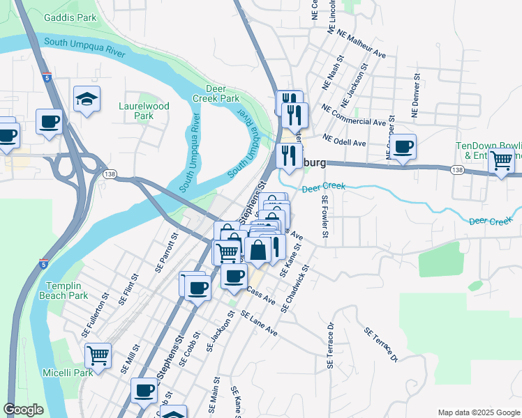 map of restaurants, bars, coffee shops, grocery stores, and more near 700 Southeast Douglas Avenue in Roseburg