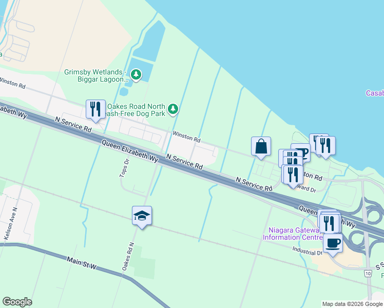 map of restaurants, bars, coffee shops, grocery stores, and more near Lakelawn Road in Grimsby