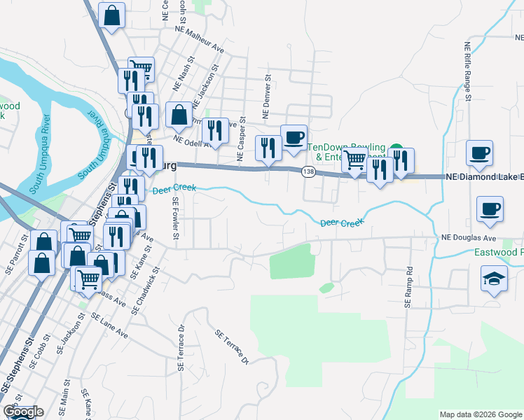 map of restaurants, bars, coffee shops, grocery stores, and more near 1973 Northeast Diamond Lake Boulevard in Roseburg