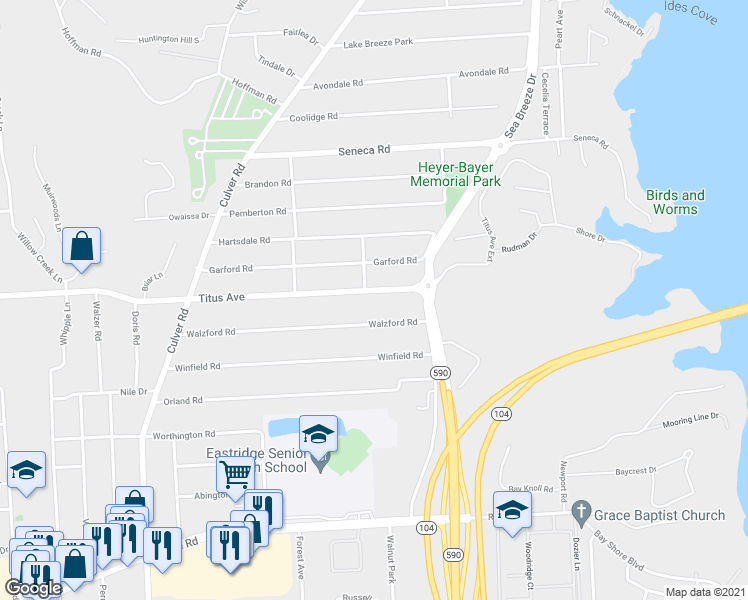 map of restaurants, bars, coffee shops, grocery stores, and more near 2360 County Road 91 in Irondequoit