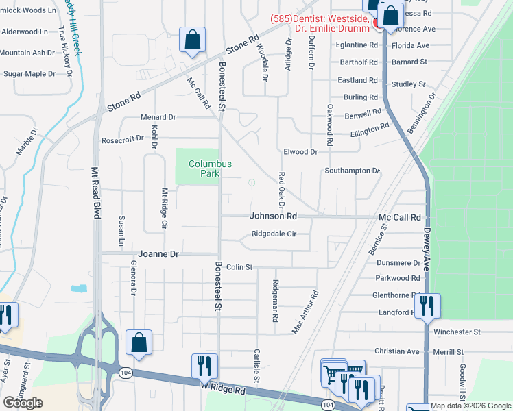 map of restaurants, bars, coffee shops, grocery stores, and more near 40 Chad Circle in Rochester