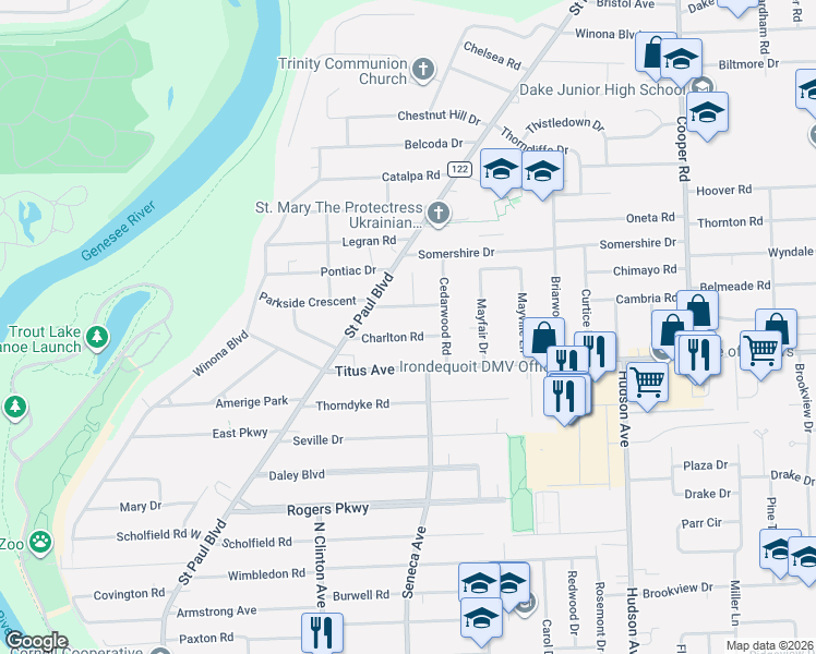 map of restaurants, bars, coffee shops, grocery stores, and more near 35 Hardison Road in Irondequoit
