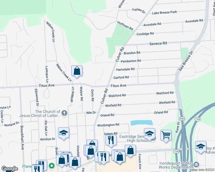 map of restaurants, bars, coffee shops, grocery stores, and more near Culver Road & Titus Avenue in Rochester