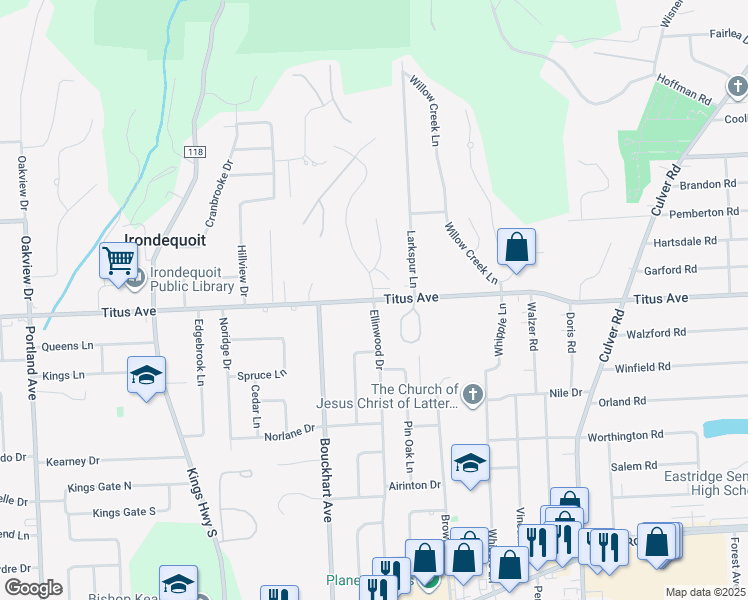 map of restaurants, bars, coffee shops, grocery stores, and more near Titus Avenue & Sewilo Hills Drive in Irondequoit