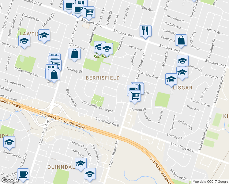 map of restaurants, bars, coffee shops, grocery stores, and more near 275 Birchcliffe Crescent in Hamilton