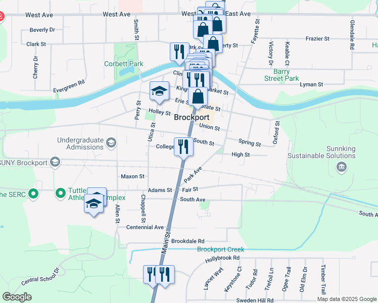 map of restaurants, bars, coffee shops, grocery stores, and more near 172 Main Street South in Brockport