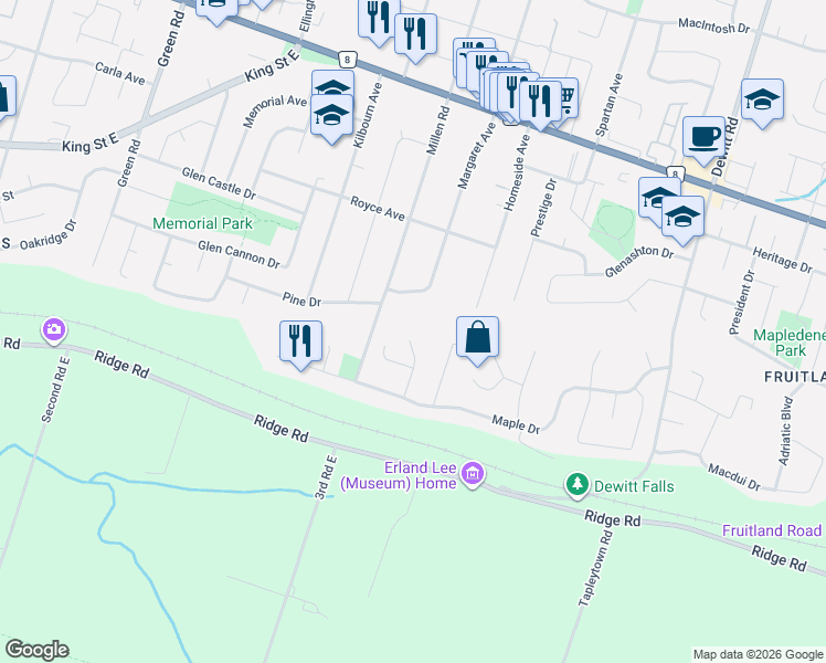 map of restaurants, bars, coffee shops, grocery stores, and more near 22 Burt Court in Hamilton