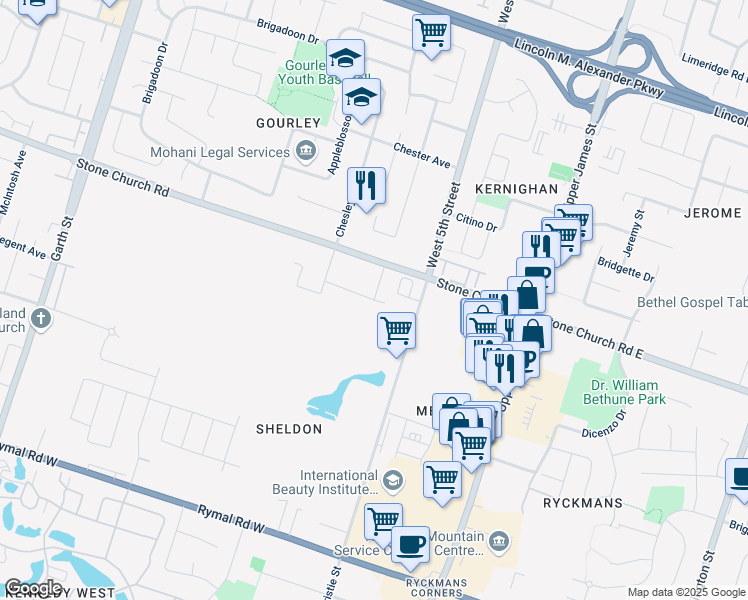 map of restaurants, bars, coffee shops, grocery stores, and more near Pantano Drive in Hamilton