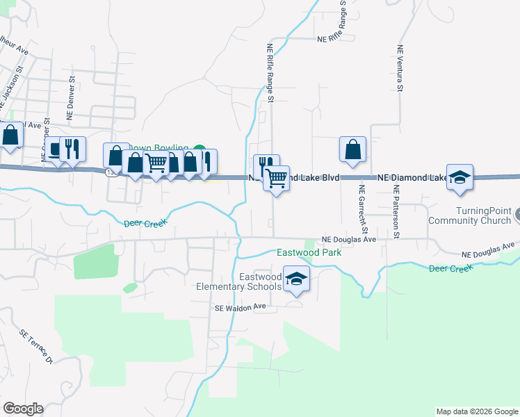 map of restaurants, bars, coffee shops, grocery stores, and more near 222 Northeast Rifle Range Street in Roseburg