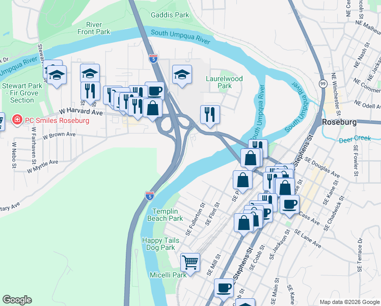 map of restaurants, bars, coffee shops, grocery stores, and more near 742 West Corey Court in Roseburg