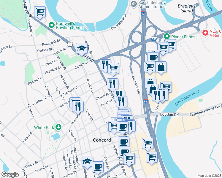 map of restaurants, bars, coffee shops, grocery stores, and more near 10 Ferry Street in Concord
