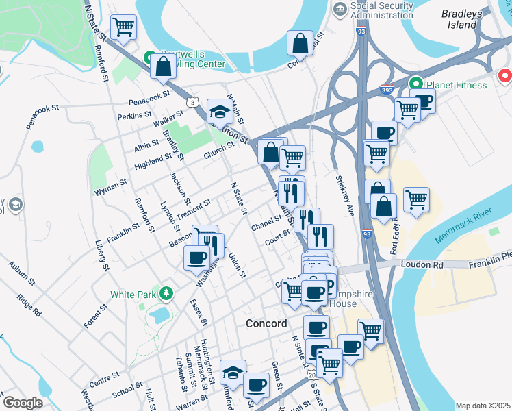 map of restaurants, bars, coffee shops, grocery stores, and more near 19 Pearl Street in Concord