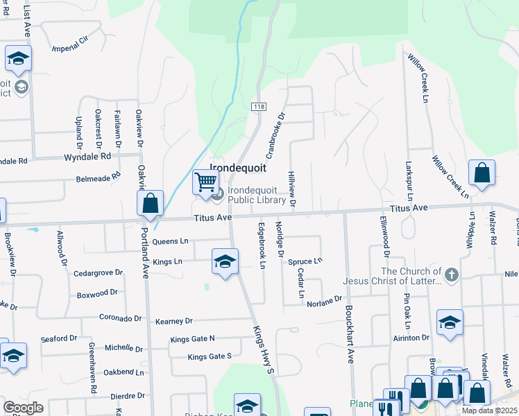 map of restaurants, bars, coffee shops, grocery stores, and more near 65 Harmony Lane in Irondequoit